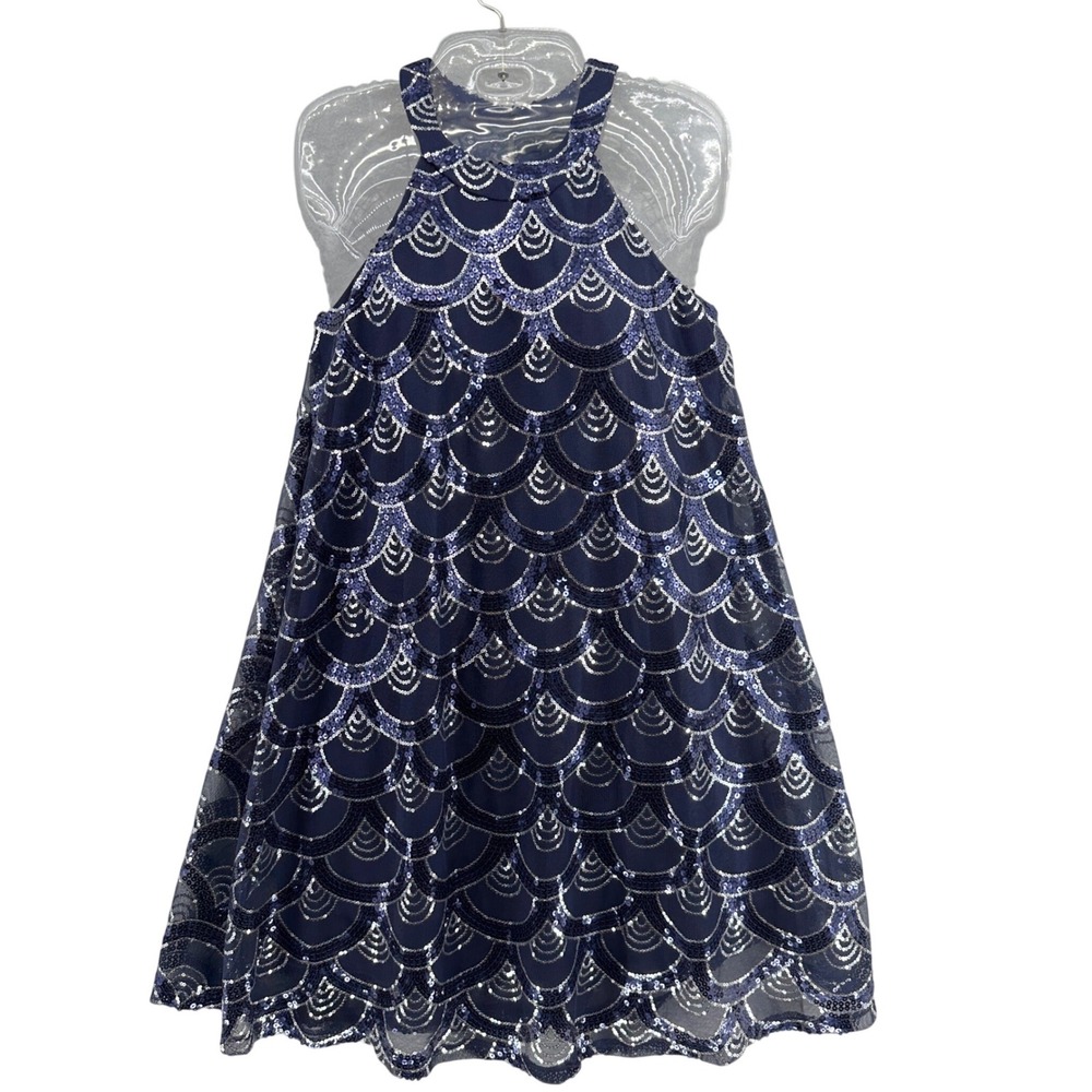 Y2K City Triangle Blue Sequin Scallop Halter Neck Mini Babydoll Dress Womens S